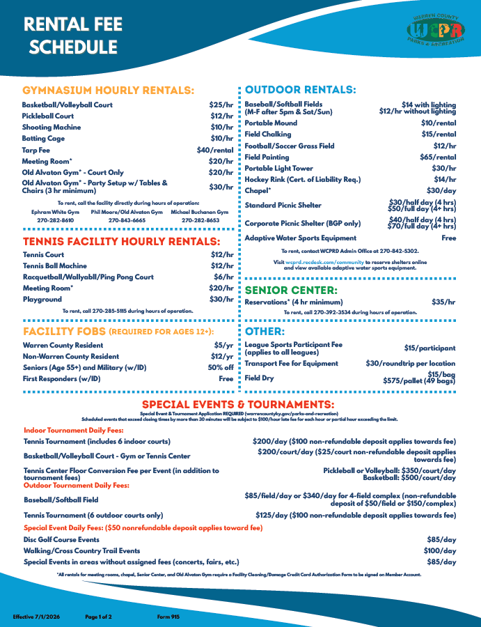 Rental Fee Schedule 2026 P1